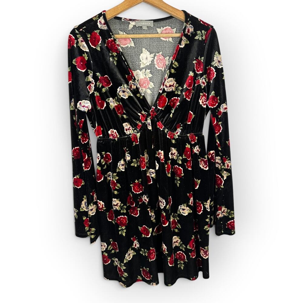 Lovesick Women L 0 Black Velvet Floral Plunge Dress Bell Sleeve Gothic Festival